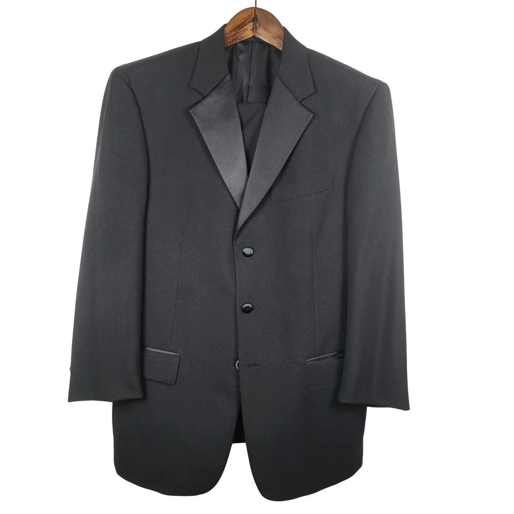 Tallia Uomo Mens Tuxedo Suit 40R 32W Black‎ Worsted Wool Formal Wedding Occasion